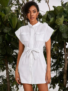 Contrast Stitch Flap Pocket Belted Dress freeshipping - Kendiee