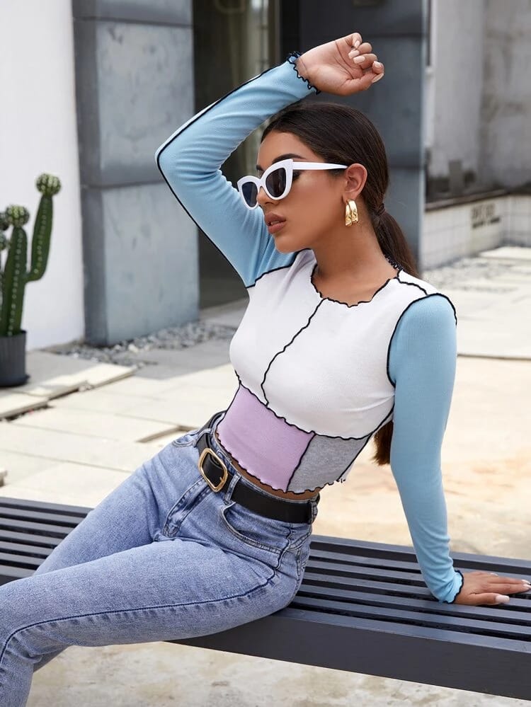 Contrast Stitch Rib-knit Colorblock Crop Top freeshipping - Kendiee