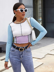 Contrast Stitch Rib-knit Colorblock Crop Top freeshipping - Kendiee