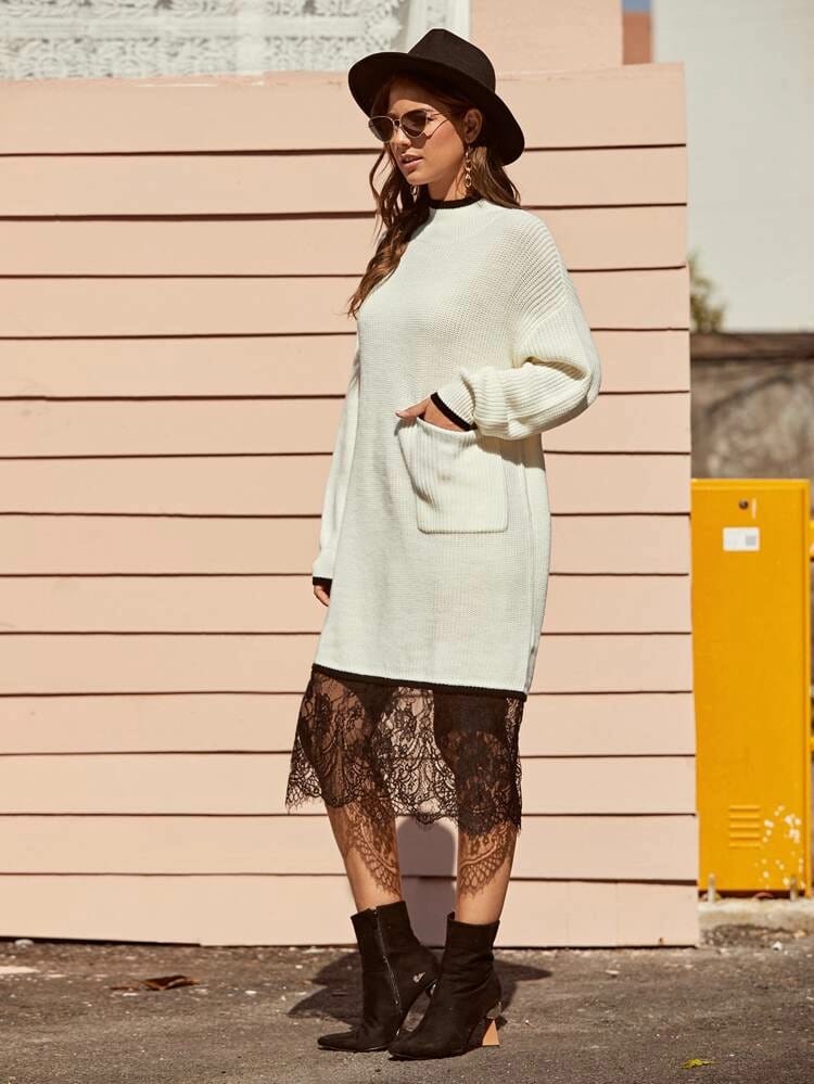 Contrast Trim Pocket Front Eyelash Sweater Dress freeshipping - Kendiee