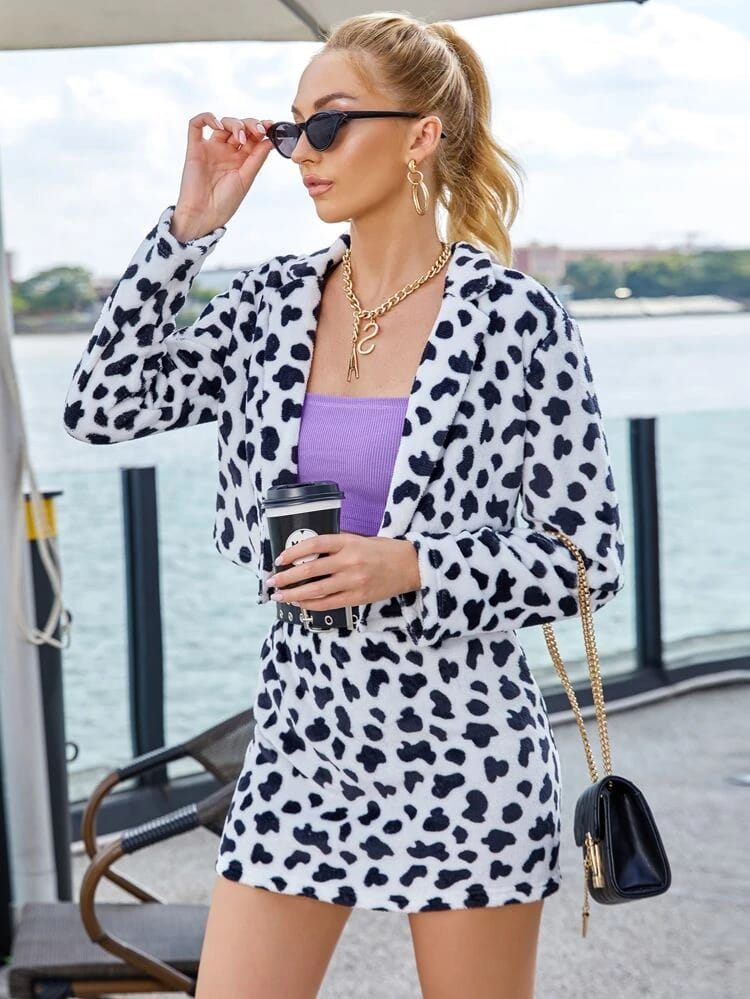 Cow Print Notched Collar Jacket and Skirt Set Without Belt freeshipping - Kendiee