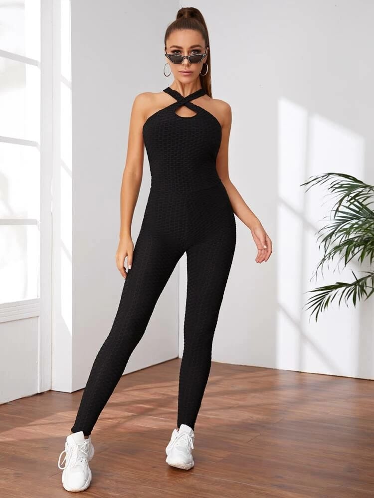 Backless Criss Cross Halter Sports Jumpsuit freeshipping - Kendiee