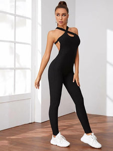 Backless Criss Cross Halter Sports Jumpsuit freeshipping - Kendiee