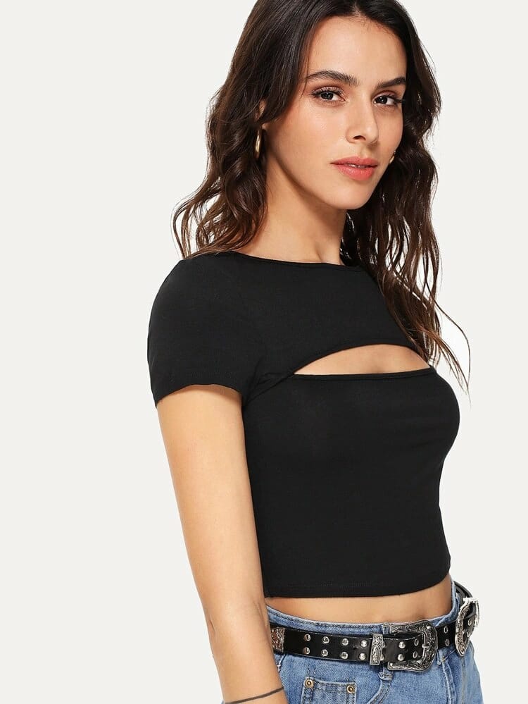 Cut Out Front Solid Crop Tee freeshipping - Kendiee