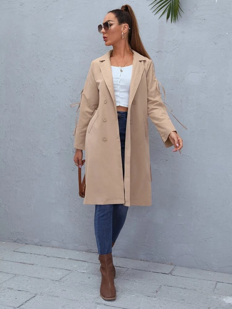 Double Breasted Knot Sleeve Belted Trench Coat freeshipping - Kendiee