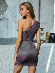 One Shoulder Ruched Detail Glitter Dress freeshipping - Kendiee