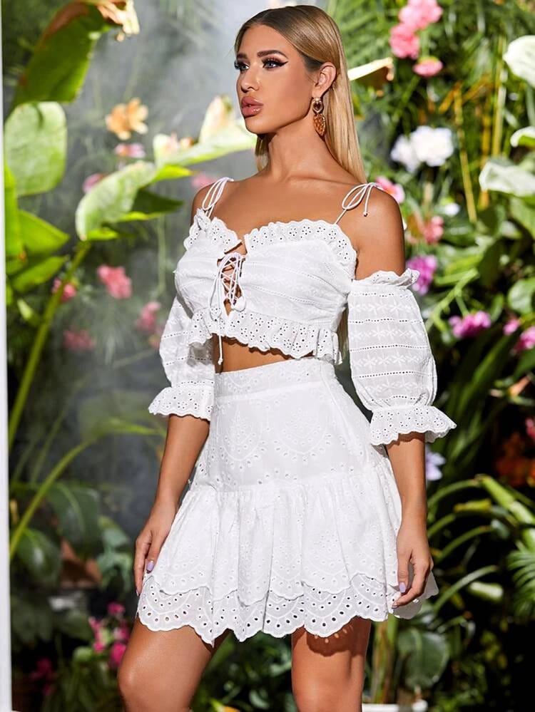 Eyelet Embroidery cold shoulder crop top freeshipping - Kendiee