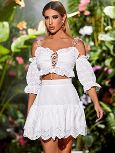 Eyelet Embroidery cold shoulder crop top freeshipping - Kendiee
