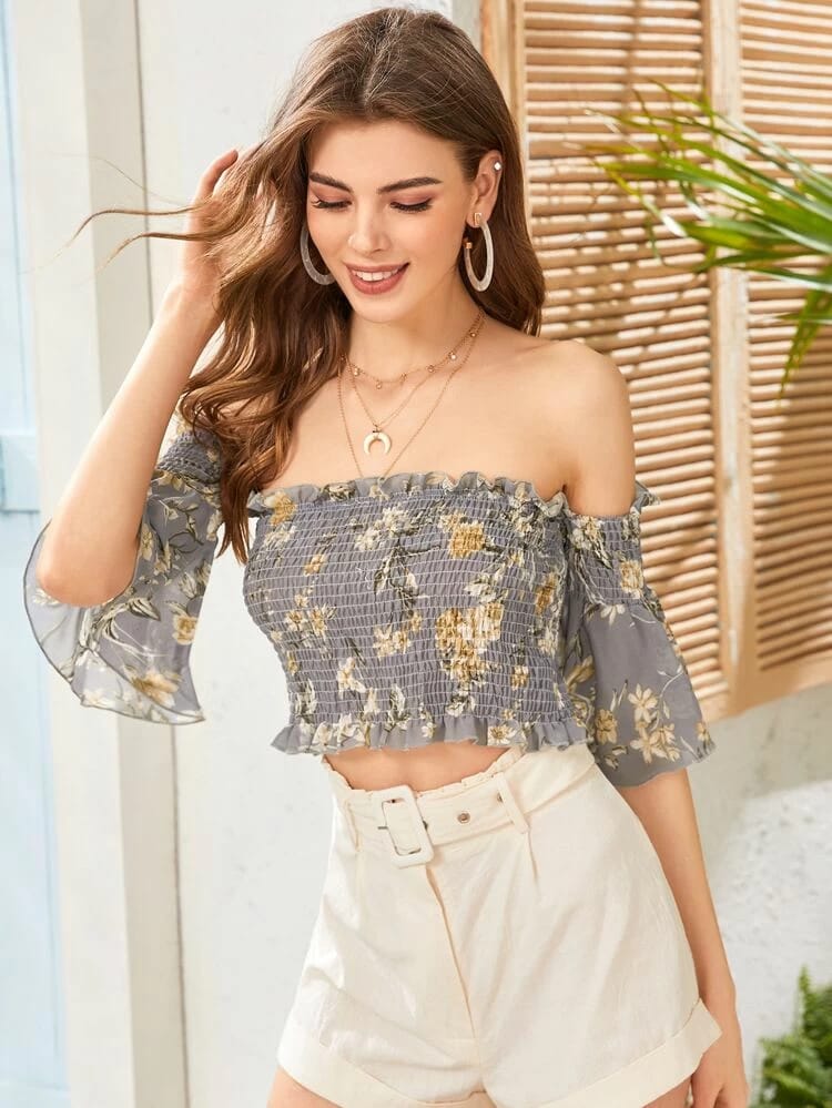 Floral Print Smocked Off-the-Shoulder Top freeshipping - Kendiee