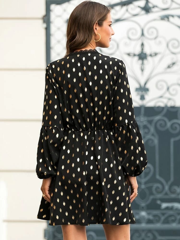 Gilding Polka Dot Contrast Lace Dress freeshipping - Kendiee