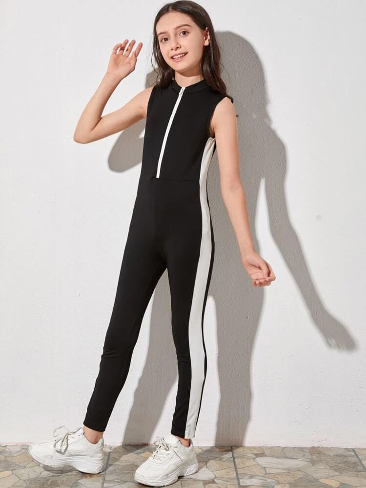 Girls Half Zipper Contrast Sideseam Unitard Jumpsuit freeshipping - Kendiee