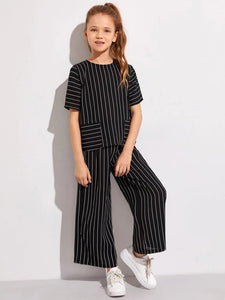 Girls Pocket front Striped top and wide leg paints Set freeshipping - Kendiee