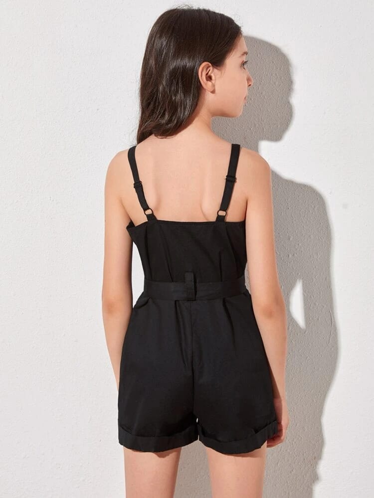Girls Zip Up Flap Pocket Front Buckle Belted Cami Romper freeshipping - Kendiee