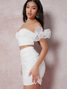 Off Shoulder Organza Sleeve Top & Ruched Skirt Set freeshipping - Kendiee