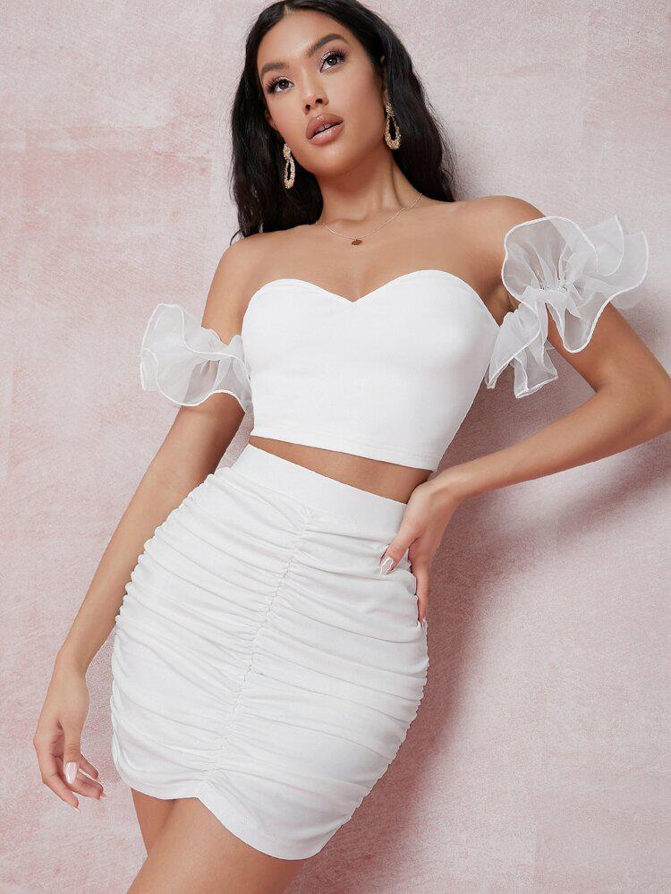 Off Shoulder Organza Sleeve Top & Ruched Skirt Set freeshipping - Kendiee
