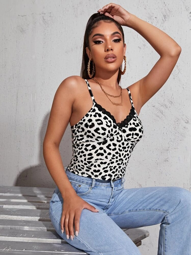 Lace Trim Leopard Print Bustier Cami Top freeshipping - Kendiee