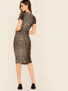 Leopard Print Pencil Dress Without Belt freeshipping - Kendiee
