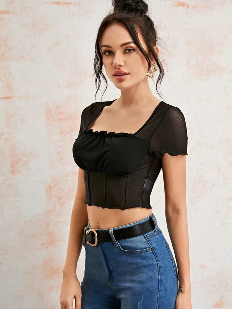 Lettuce Trim Ruched Bust Mesh Crop Top freeshipping - Kendiee