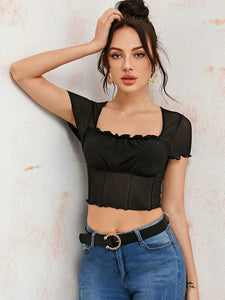 Lettuce Trim Ruched Bust Mesh Crop Top freeshipping - Kendiee