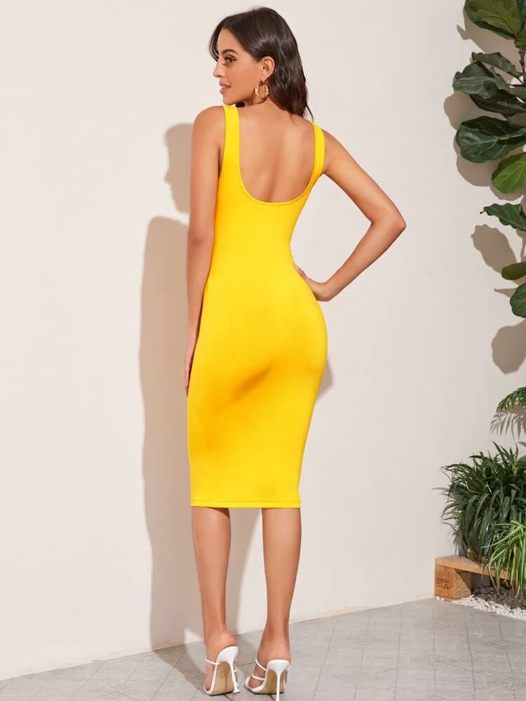 Low Back Solid Pencil Dress freeshipping - Kendiee