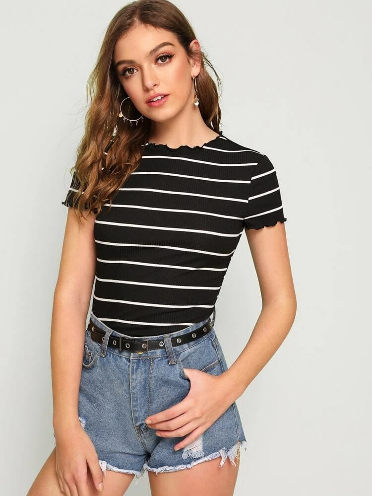 Lettuce Trim Striped Fitted Top freeshipping - Kendiee