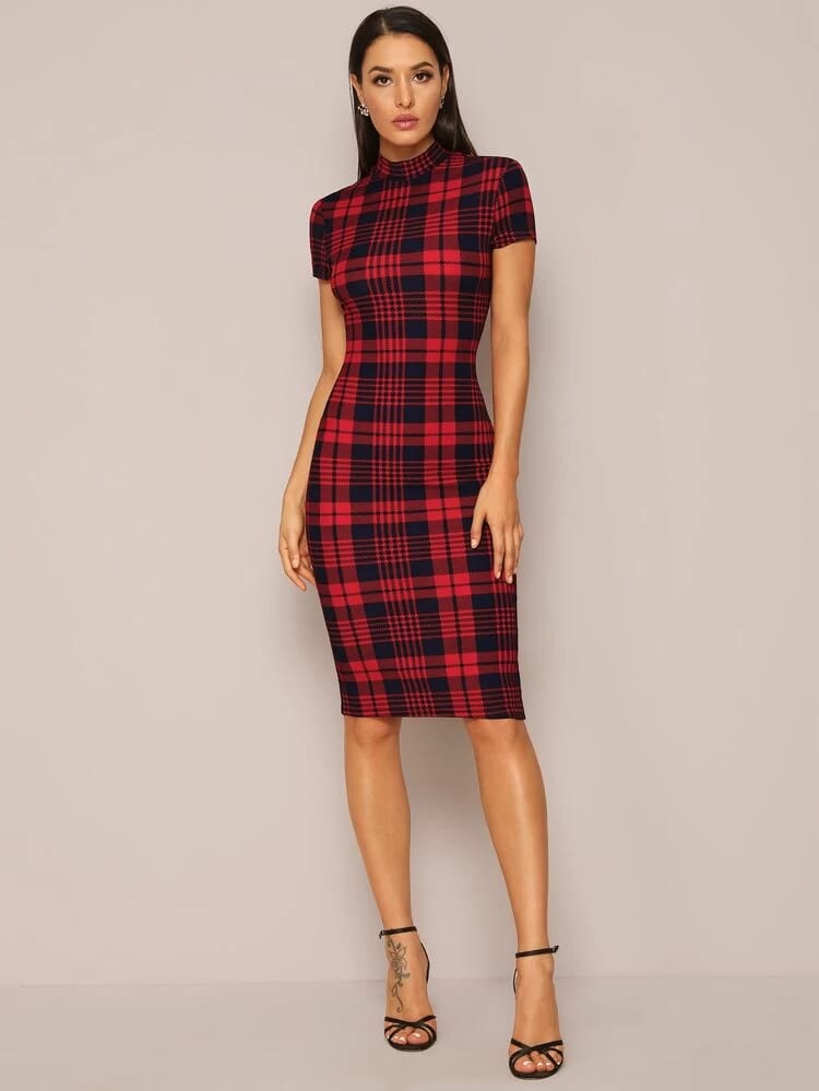 Mock-Neck Plaid Form Fitted Dress freeshipping - Kendiee