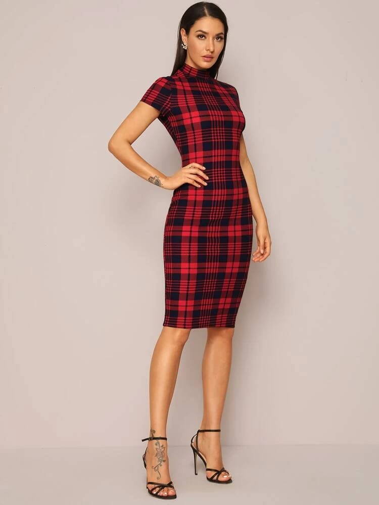 Mock-Neck Plaid Form Fitted Dress freeshipping - Kendiee