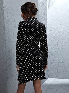 Mock Neck Button Front Belted Polka Dot Dress freeshipping - Kendiee