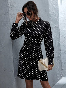 Mock Neck Button Front Belted Polka Dot Dress freeshipping - Kendiee