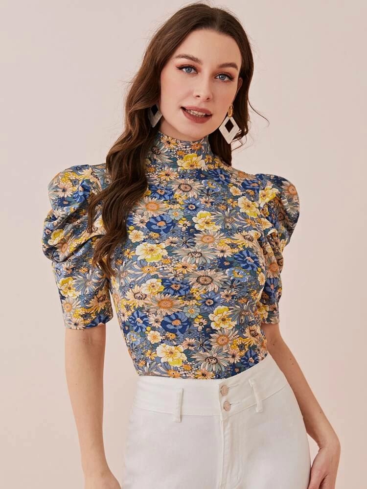 Mock Neck Puff Sleeve Floral Top freeshipping - Kendiee