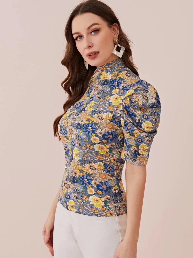 Mock Neck Puff Sleeve Floral Top freeshipping - Kendiee