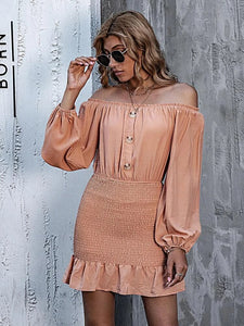 Off Shoulder Buttoned Front Shirred Panel Ruffle Hem Dress freeshipping - Kendiee