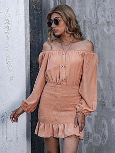 Off Shoulder Buttoned Front Shirred Panel Ruffle Hem Dress freeshipping - Kendiee