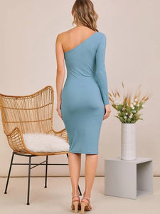 One Shoulder Solid Fitted Dress freeshipping - Kendiee