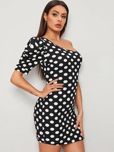 One Shoulder Puff Sleeve Dot Bodycon Dress freeshipping - Kendiee