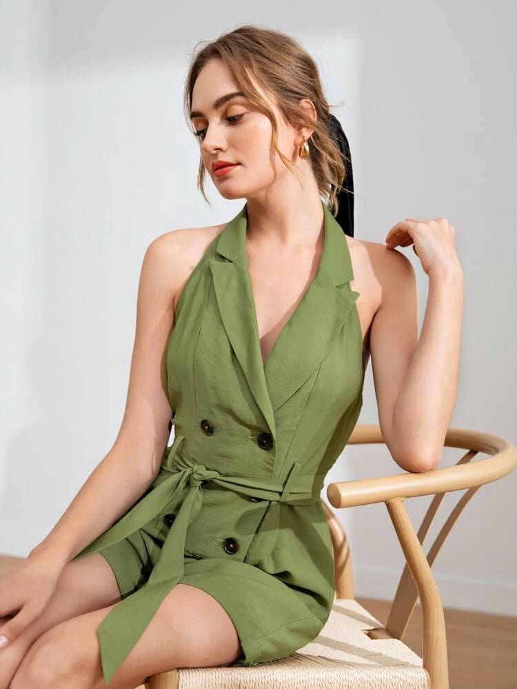 Open Back Double Button Front Self Belted Halter Shirt Romper freeshipping - Kendiee
