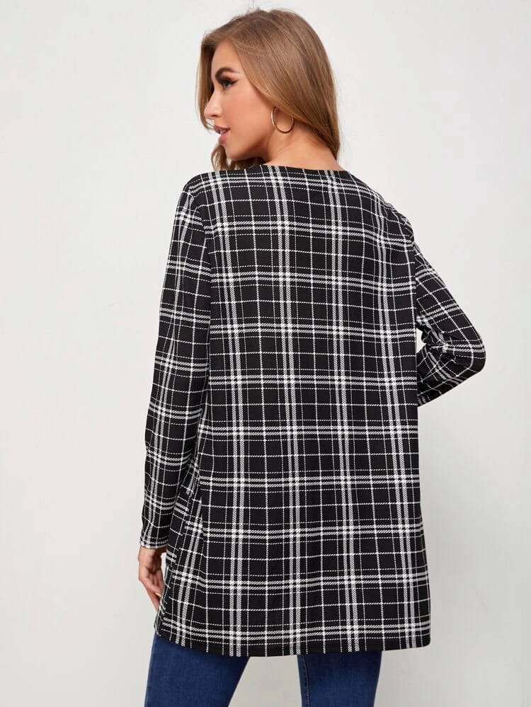 Open Placket Pocket Front Plaid Coat freeshipping - Kendiee