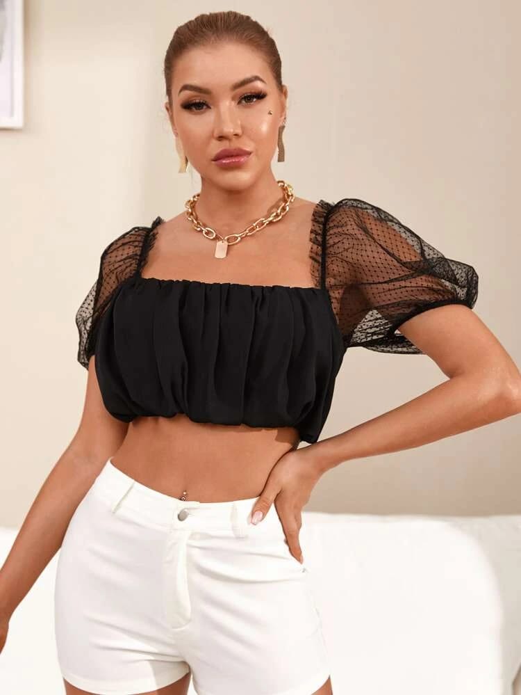 Shirred Back Dobby Mesh Puff Sleeve Ruched Bust Crop freeshipping - Kendiee