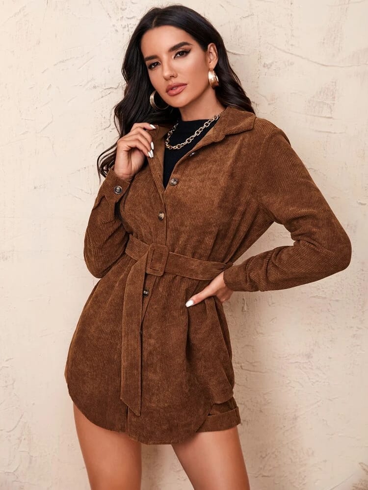 Single Breasted Buckle Belted Cord Coat freeshipping - Kendiee
