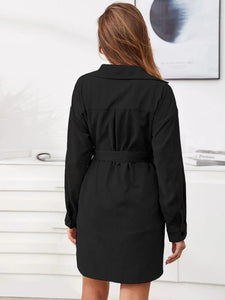 Single Breasted Flap Pocket Belted Cord Dress freeshipping - Kendiee