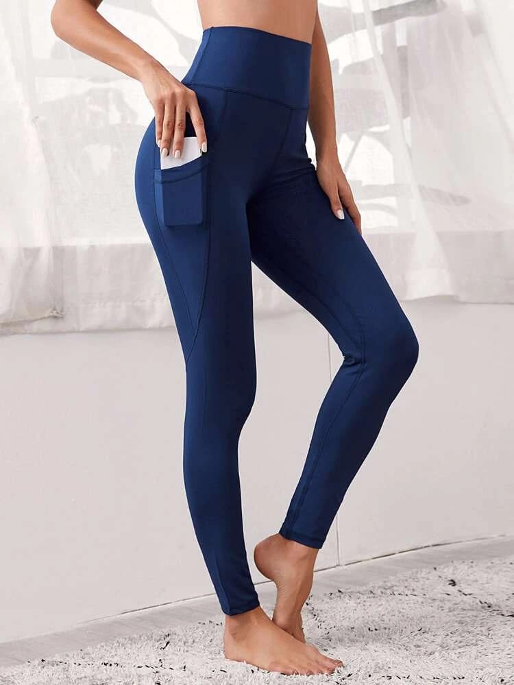 Solid Wide Band Waist Sports Leggings With Phone Pocket freeshipping - Kendiee