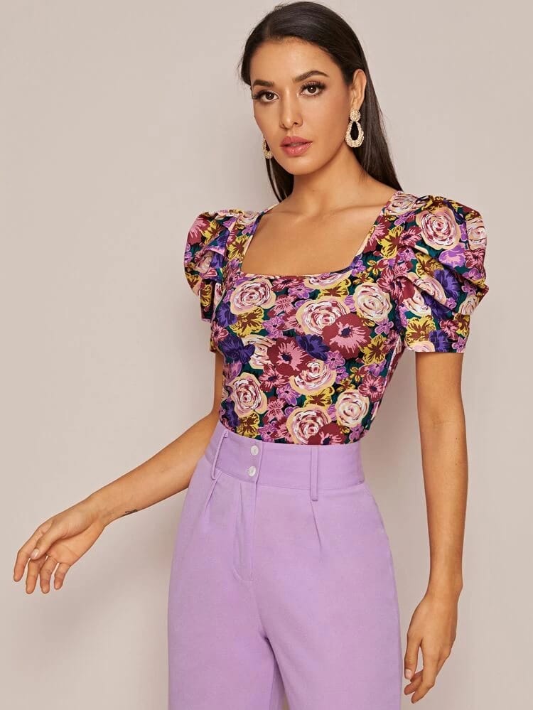 Square Neck Puff Sleeve Floral Print Top freeshipping - Kendiee