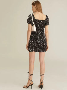 Square Neck Puff Sleeve Polka Dot Ruched Dress freeshipping - Kendiee