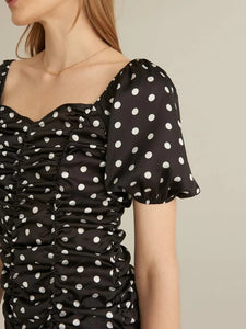 Square Neck Puff Sleeve Polka Dot Ruched Dress freeshipping - Kendiee