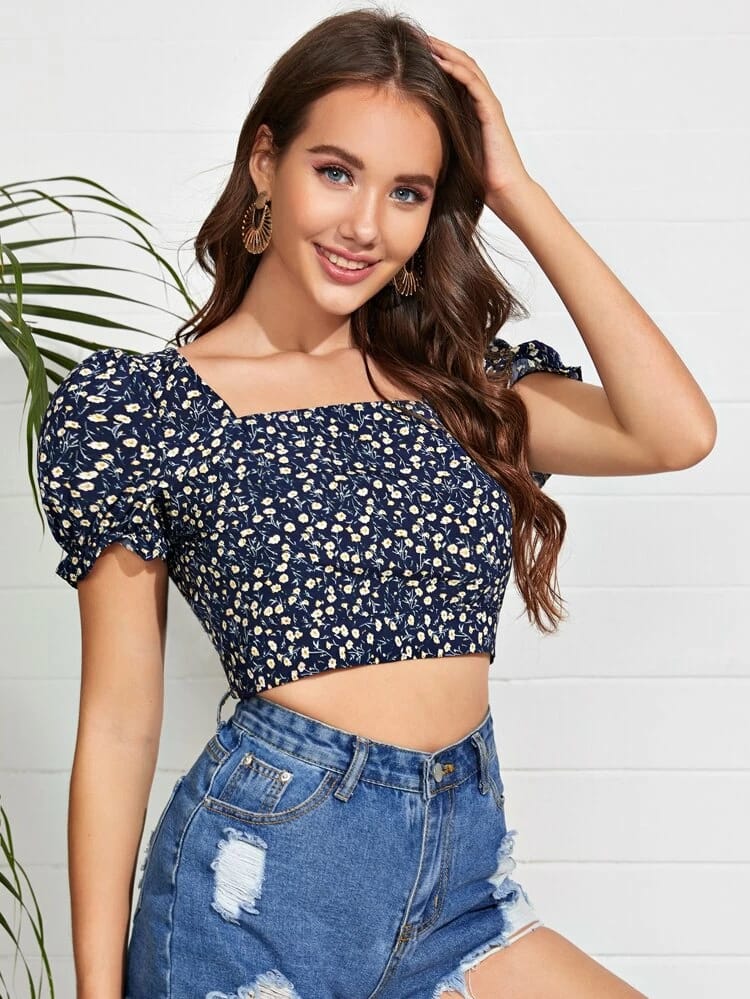 Tie Backless Ruffle Cuff Ditsy Floral Top freeshipping - Kendiee