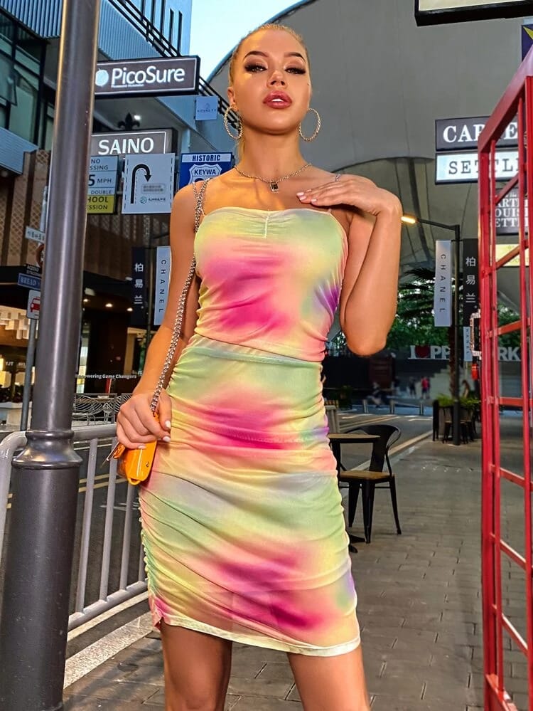 Tie Dye Ruched Chain Strap Bodycon Dress freeshipping - Kendiee