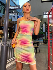Tie Dye Ruched Chain Strap Bodycon Dress freeshipping - Kendiee