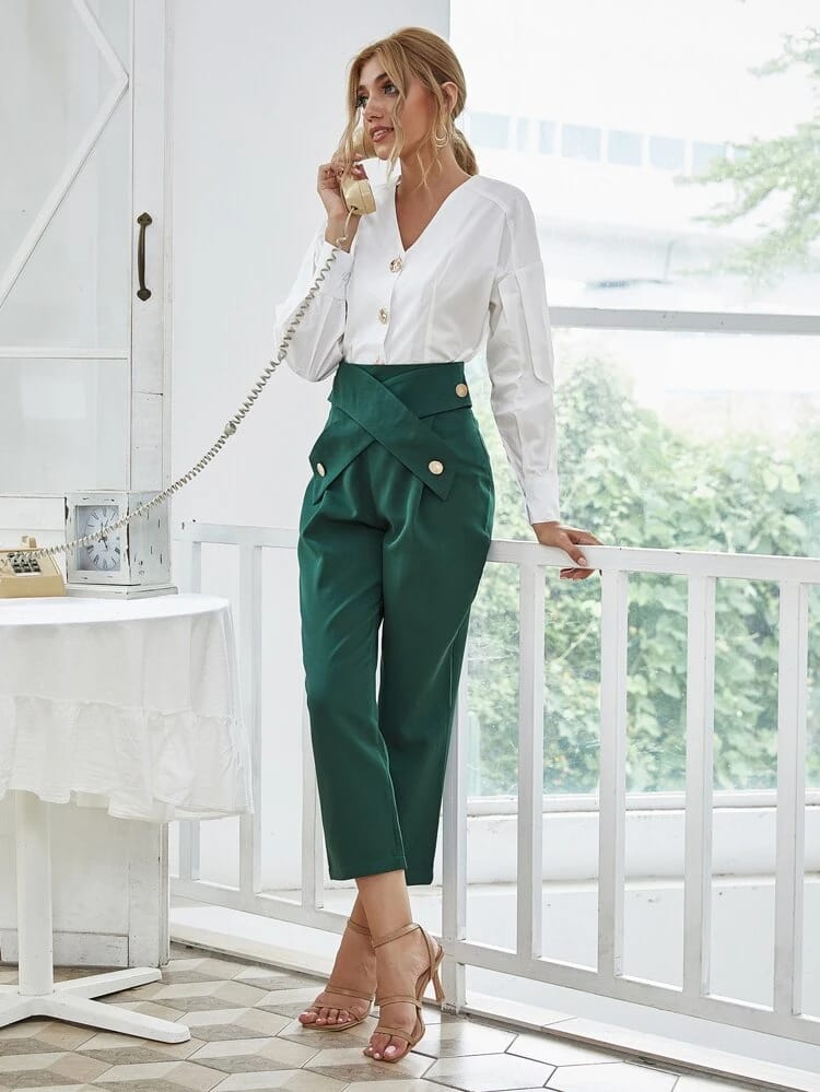 V-neck Blouse With Criss Cross Front Pants freeshipping - Kendiee