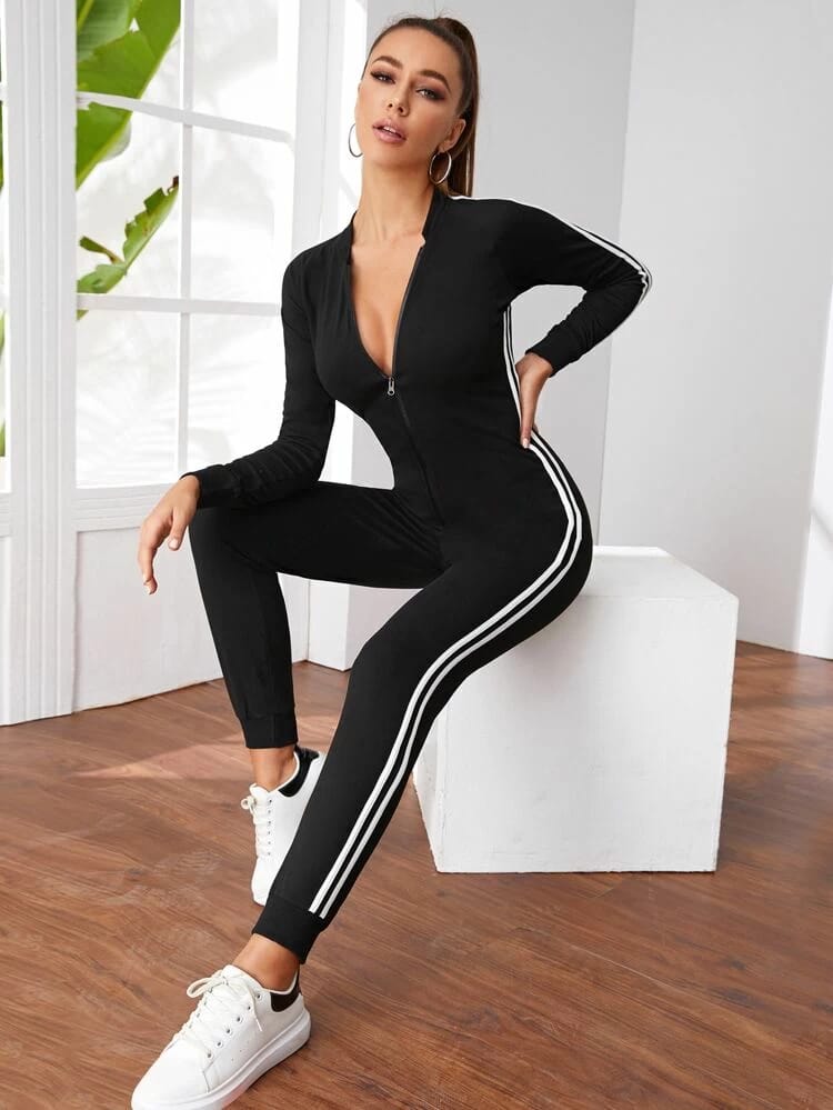 Zip Front Side Striped Jumpsuit freeshipping - Kendiee