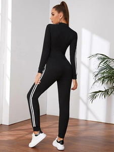 Zip Front Side Striped Jumpsuit freeshipping - Kendiee